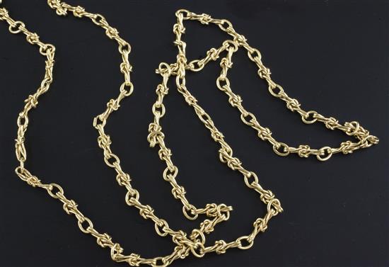 An 18ct gold fancy link chain necklace, 36in.